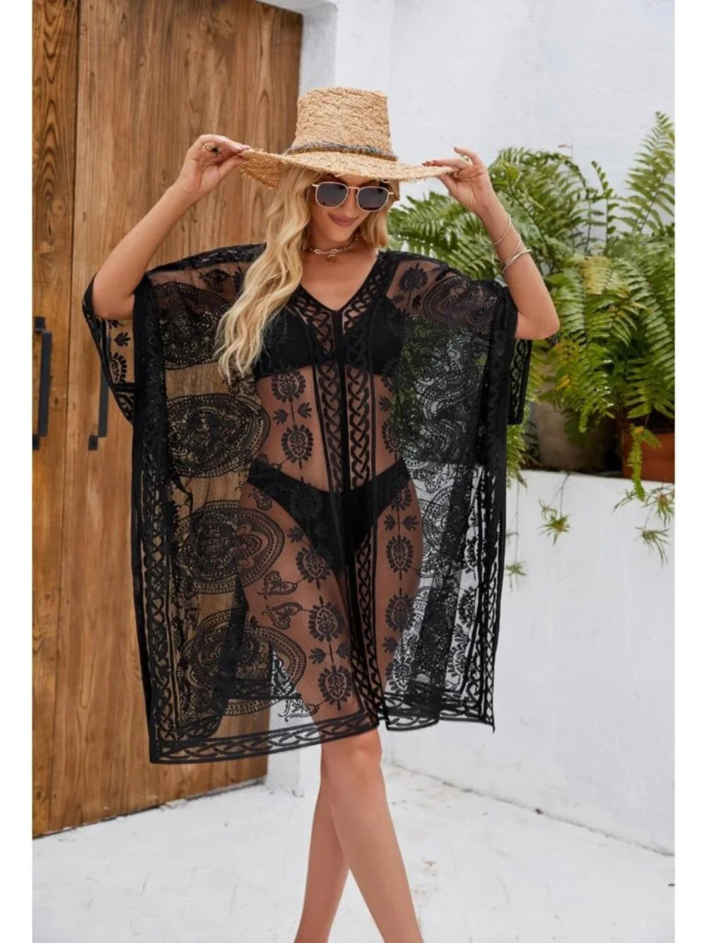 Women Black Polyester V-Neck Elegant Lace Beach Cover Up For Poolside And Party